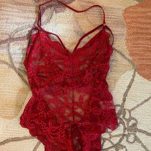 Crotchless lace body suit halter top